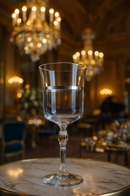 Corda Plat Goblet on a marble table beneath glowing chandeliers
