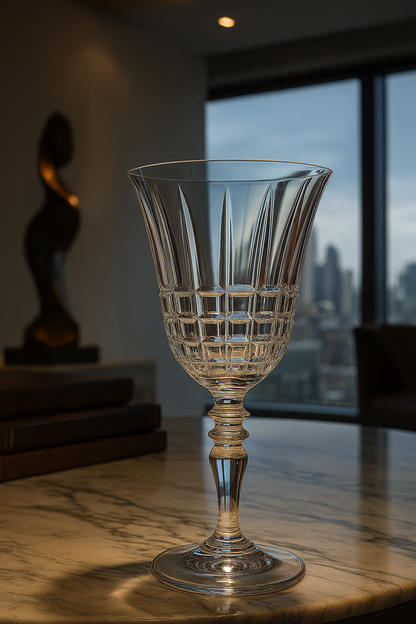 Granora Goblet on a marble console in a modern interior overlooking the city