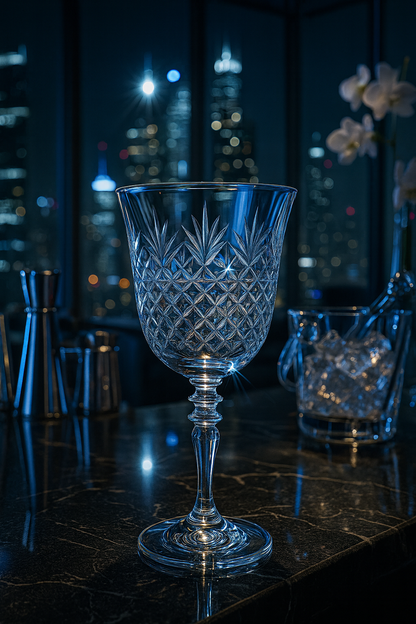 Stellara Goblet on a dark bar against a city night view with cocktail tools.