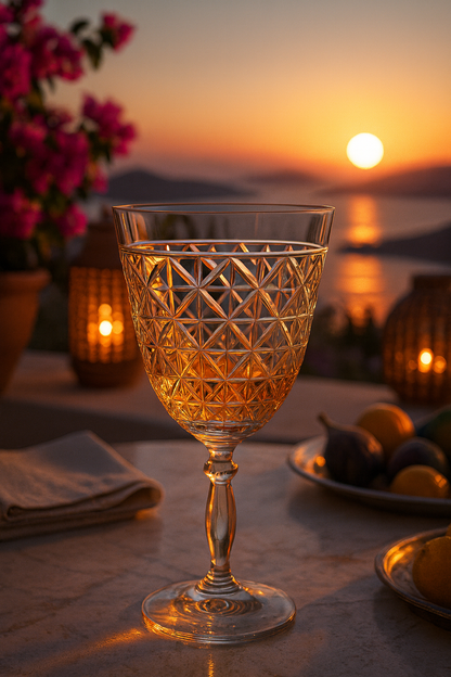 Diamara Goblet with an amber pour on a flowered terrace table at sunset