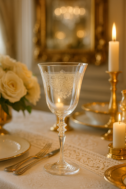 Filigrae Goblet beside ivory roses and a taper candle on a formal dining table.