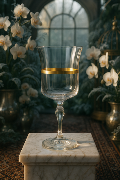 Corda Gold Goblet displayed on a marble pedestal among white flowers