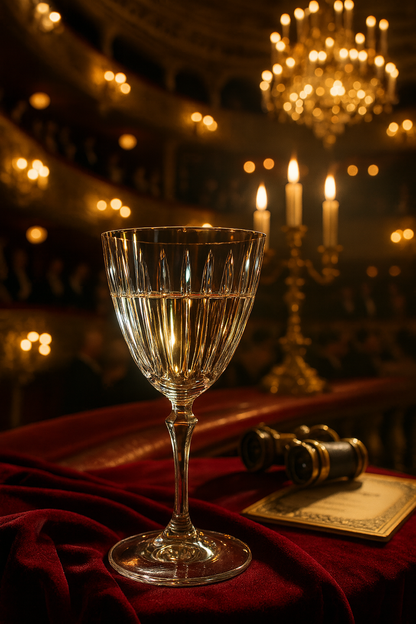 Altisse Goblet on red velvet beside an invitation in a chandelier-lit room