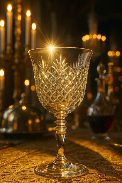Stellara Goblet glowing in candlelight on a gold-patterned table in a grand interior.