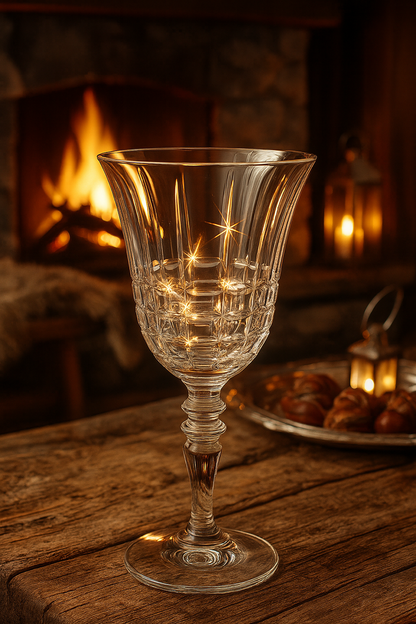 Granora Goblet glowing beside a fireplace on a rustic table set for an evening meal
