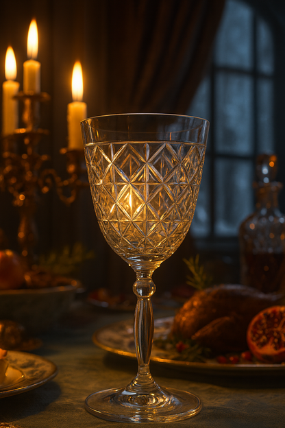 Diamara Goblet set beside bread and candles on an intimate evening dining table