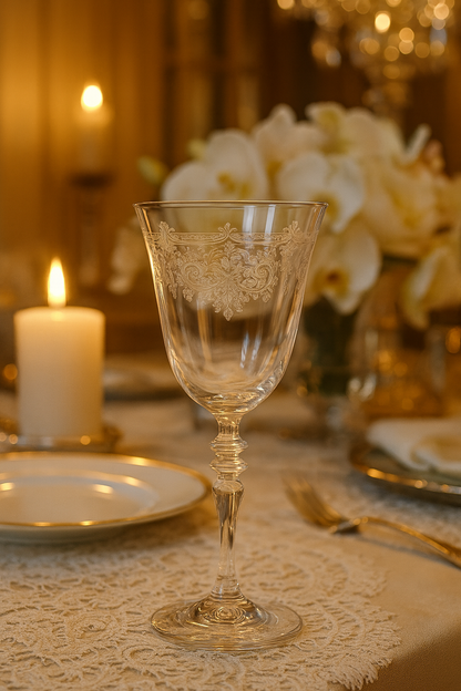 Filigrae Goblet on a lace-covered table between a candle and white orchids.