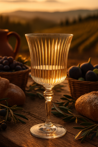 Altiera Goblet with a pale drink beside fruit and bread on a rustic sunset table.