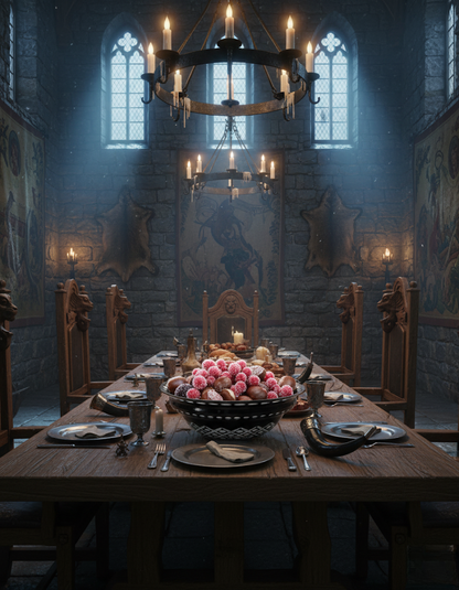 Noctura Halo Bowl filled with pink flowers at the center of a long gothic dining table.