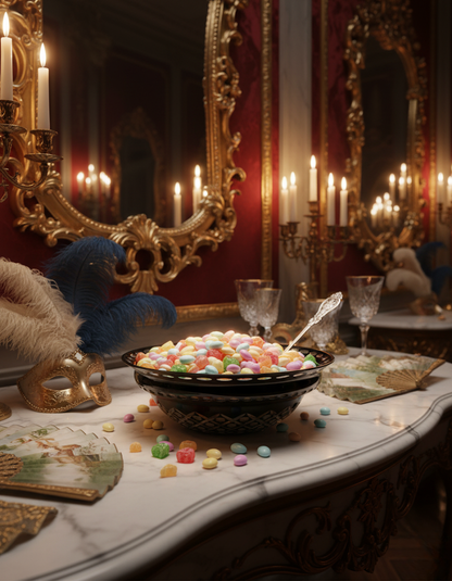 Noctura Halo Bowl filled with pastel sweets on a mirrored banquet table.
