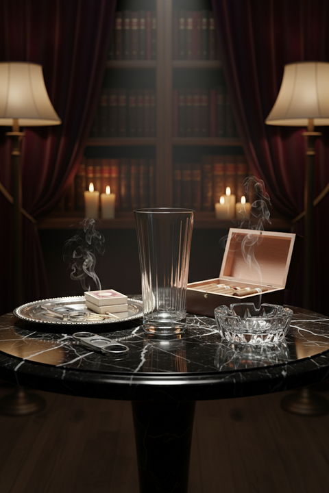 Altiera Highball on a black marble table in a candlelit library setting.