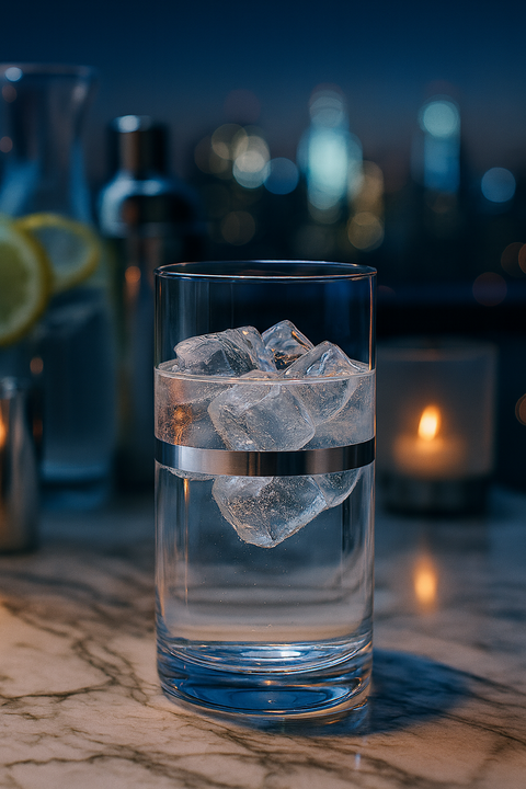 Corda Plat Highball filled with ice and a clear pour on a marble bar with evening lights behind