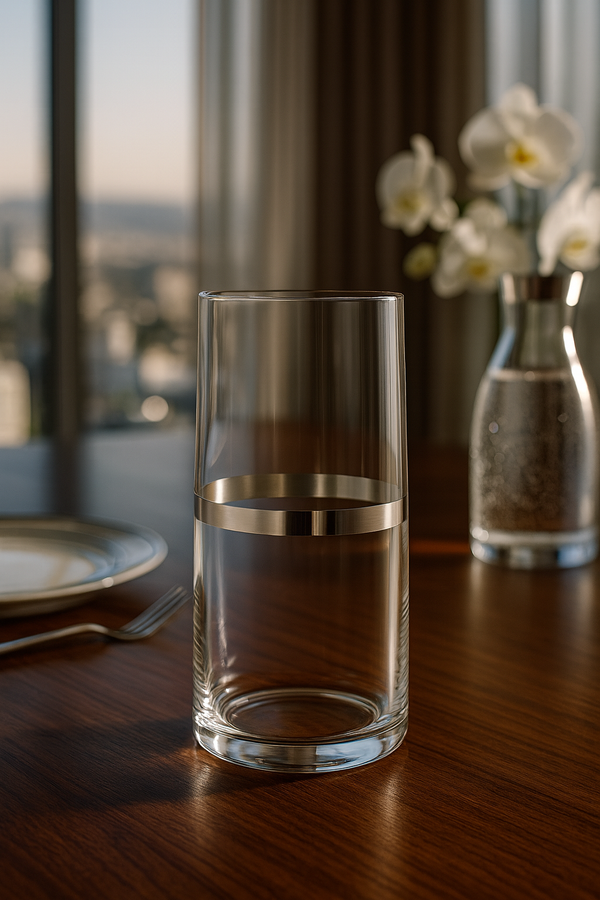 Corda Plat Highball on a polished dining table beside orchids and softly lit windows