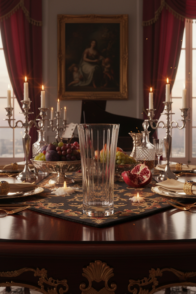 Altiera Highball centered between candelabras on an ornate red dining table.