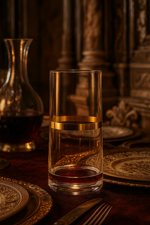 Corda Gold Highball with an amber drink beside a glass carafe on a carved wood table.