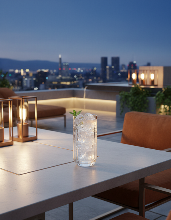 Altisse Highball with ice and citrus on a rooftop table overlooking the city at dusk
