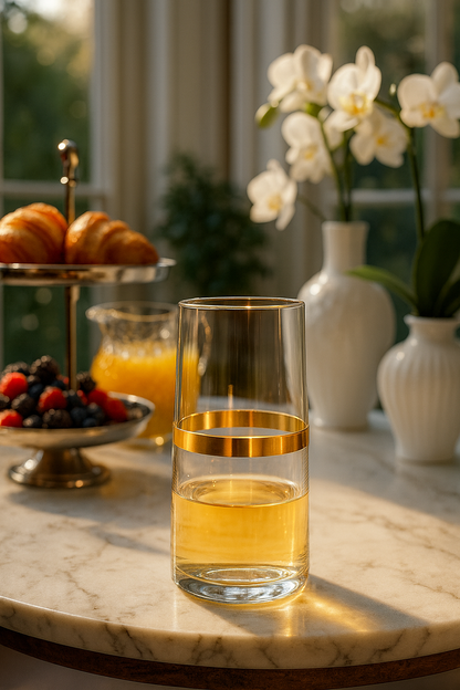 Corda Gold Highball with a pale drink on a marble breakfast table with fruit and orchids.