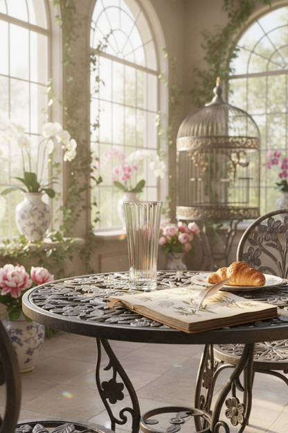 Altiera Highball on a sunlit conservatory table beside an open book and flowers.