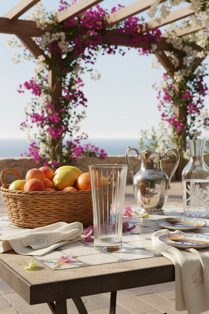 Altiera Highball on a terrace breakfast table with fruit, flowers and clear carafes.