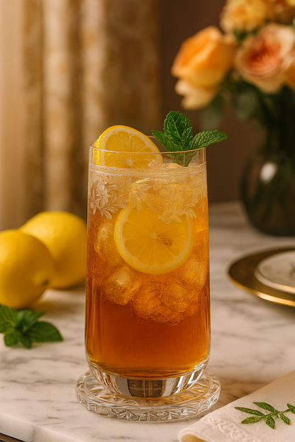 Filigrae Highball holding an amber citrus drink with lemon slices and mint beside yellow roses.