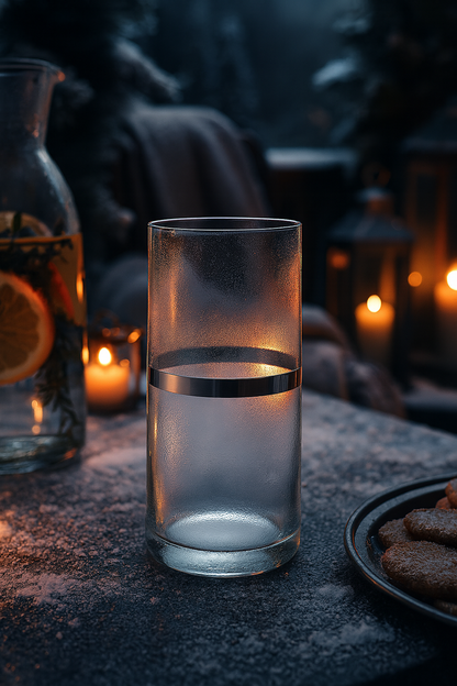 Corda Plat Highball chilled with condensation on a stone table beside warm outdoor lights
