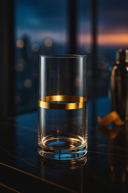 Corda Gold Highball against a blue-hour city view on a dark tabletop.