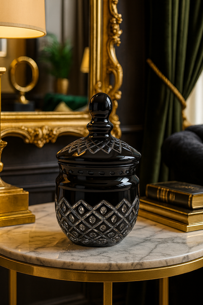 Noctura lidded jar on a round marble table before a gilded mirror