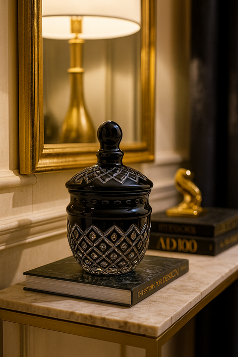 Noctura Obsidian Keepsake Jar atop stacked books beside a gold table lamp.