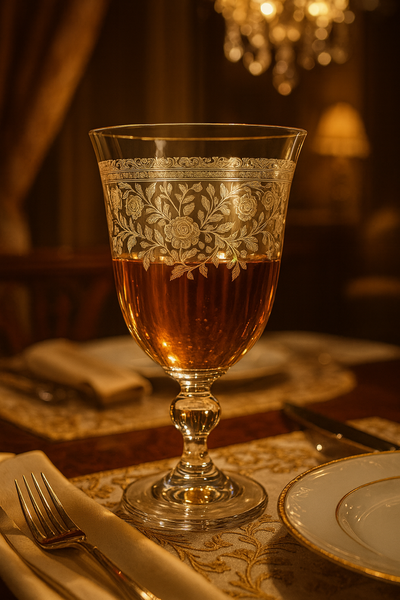 Filigrae Water Goblet with amber liquid beside a plate and warm table lamp