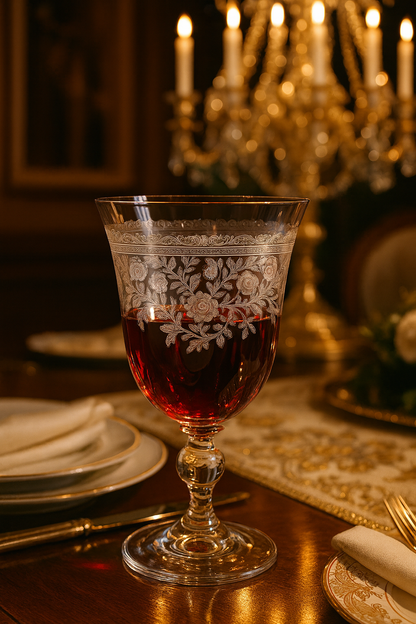 Filigrae Water Goblet with deep red liquid on a dark formal table