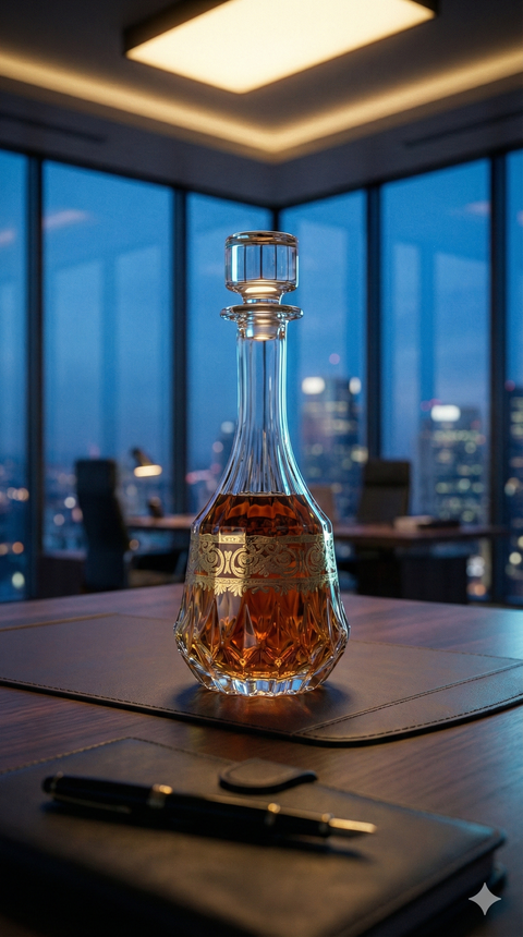 Majora Decanter with amber liquid on a desk overlooking city lights