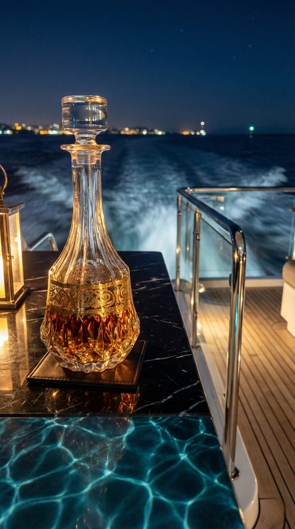 Majora Decanter with amber liquid on a poolside table at night