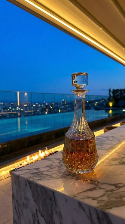 Majora Decanter with amber liquid on a marble terrace at blue hour