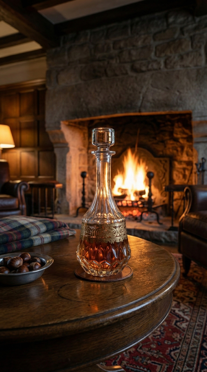 Majora Decanter with amber liquid on a round table beside a stone fireplace