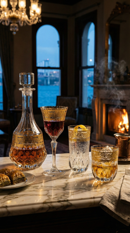 Majora glassware set on a marble table between a fireplace and twilight window