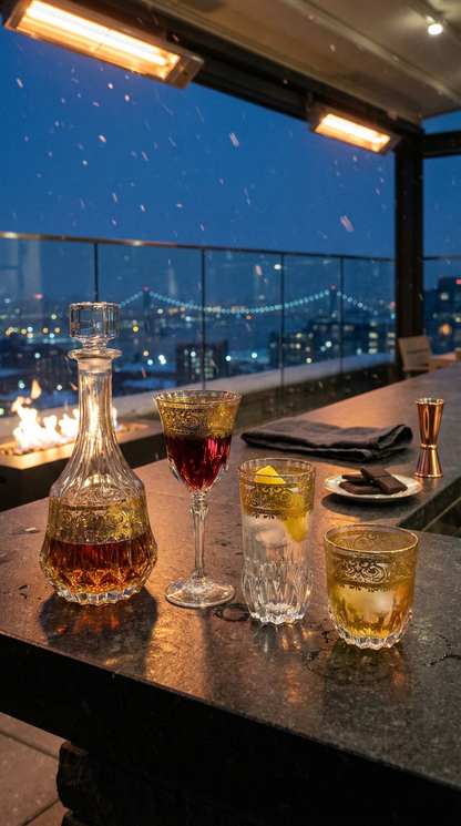 Majora glassware set arranged on a rooftop table beside a fire feature at dusk
