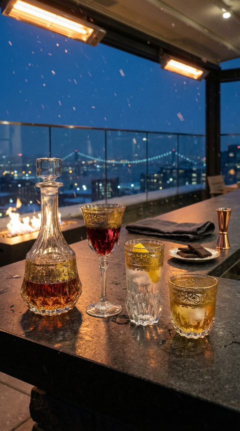 Majora glassware set arranged on a rooftop table beside a fire feature at dusk