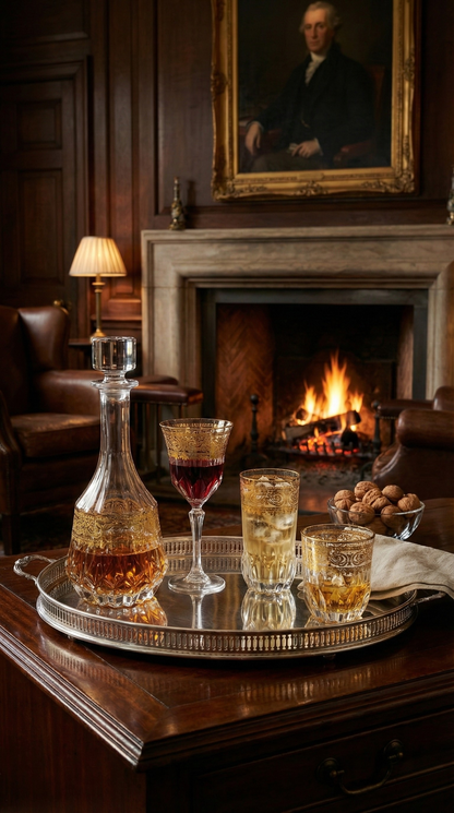 Majora glassware set arranged on a silver tray beside a library fireplace