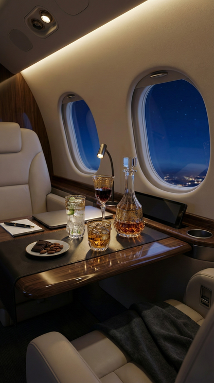Majora glassware set with a decanter and glasses arranged on a private aircraft table