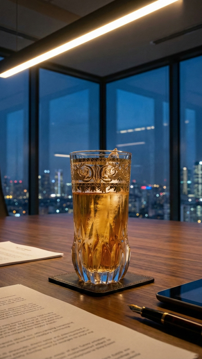 Majora Highball with an amber pour on a modern desk overlooking the city at night