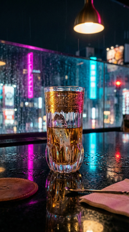 Majora Highball with an amber pour on a neon-lit rooftop table after dark