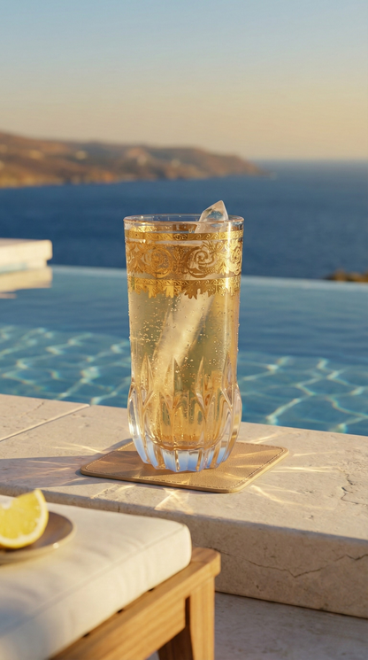 Majora Highball with a clear chilled pour beside an infinity pool and sea view