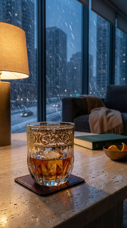 Majora Tumbler with an amber drink on a city apartment table beside a lamp.
