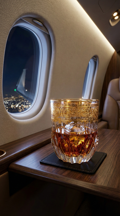 Majora Tumbler holding an amber drink on an aircraft side table by the window.