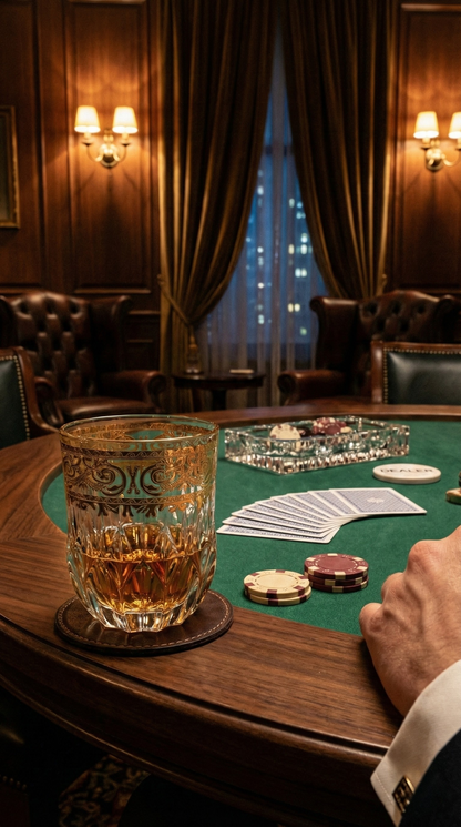 Majora Tumbler with an amber drink on a green gaming table beside playing cards and chips.