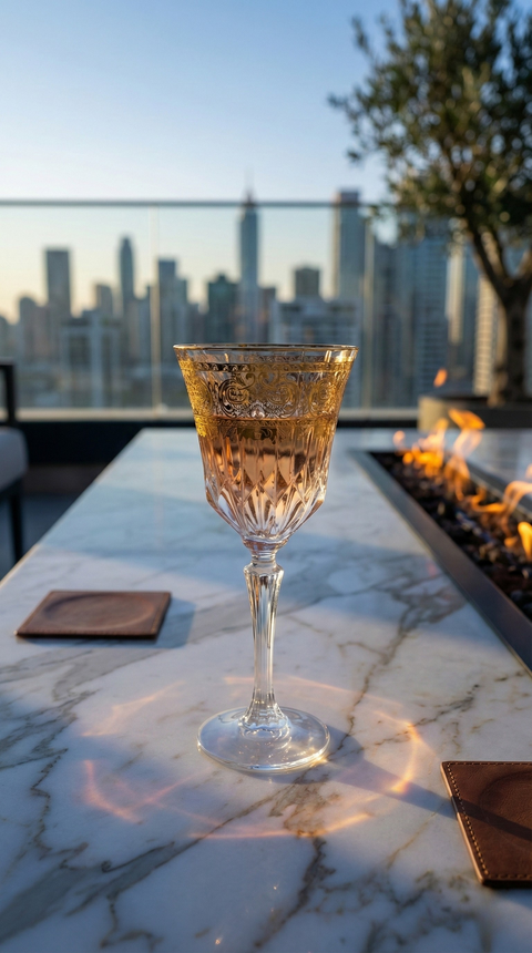 Majora Goblet on a rooftop marble table beside a fire and city skyline