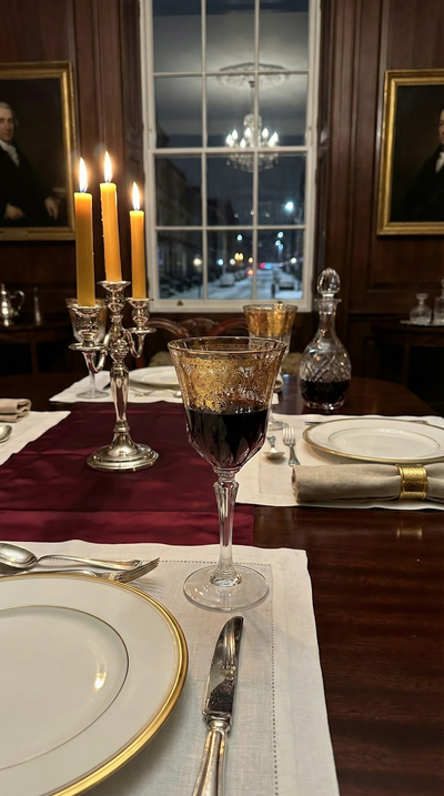 Majora Goblet with dark red liquid at a candlelit dining table