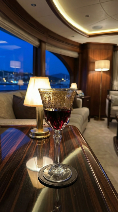Majora Goblet with dark red liquid on a table in a modern suite