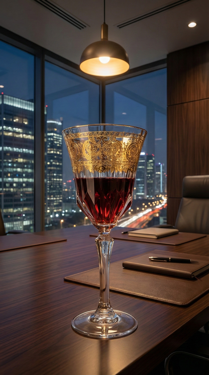 Majora Goblet with dark red liquid on a desk overlooking city lights