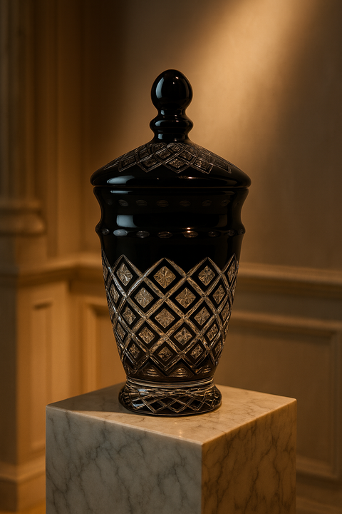 Noctura Obsidian Lidded Vase displayed on a marble plinth against warm paneled walls